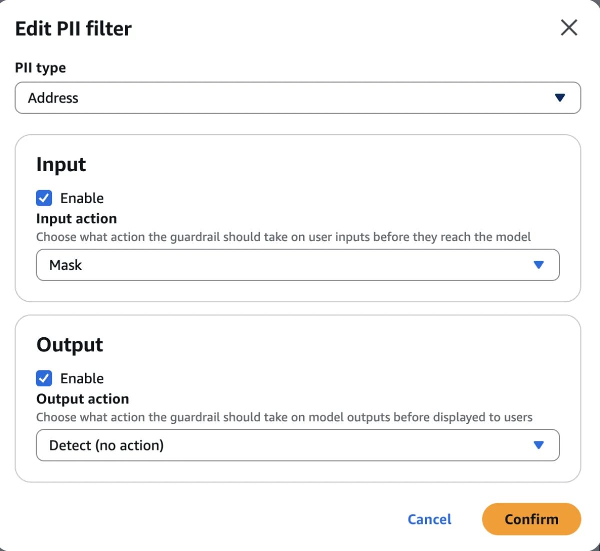 Address PII input masking and output detection settings